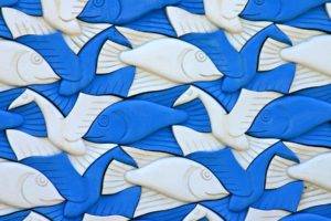 M. C. Escher, Plastic, Artwork, Animals, 3D, Birds, Fish, White, Blue