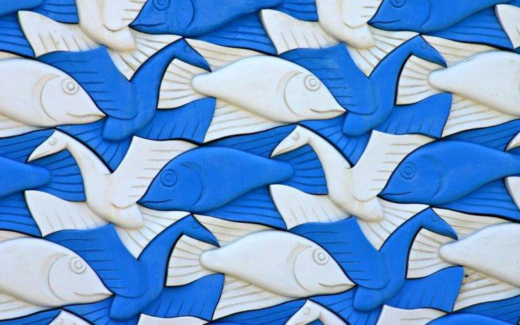 M. C. Escher, Plastic, Artwork, Animals, 3D, Birds, Fish, White, Blue HD Wallpaper Desktop Background