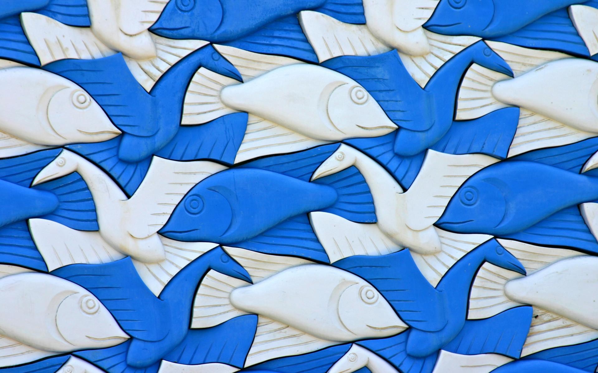 M. C. Escher, Plastic, Artwork, Animals, 3D, Birds, Fish, White, Blue Wallpaper