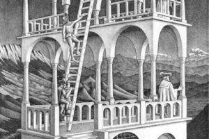 M. C. Escher, People, Artwork, Optical illusion, Monochrome, Portrait display, Lithograph, Building, Stairs, Ladders, Cube, Mountains, Arch