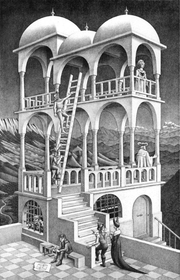 M. C. Escher, People, Artwork, Optical illusion, Monochrome, Portrait display, Lithograph, Building, Stairs, Ladders, Cube, Mountains, Arch HD Wallpaper Desktop Background