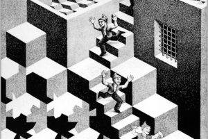 M. C. Escher, Artwork, Optical illusion, Monochrome, Portrait display, Lithograph, Stairs, Building, Cube