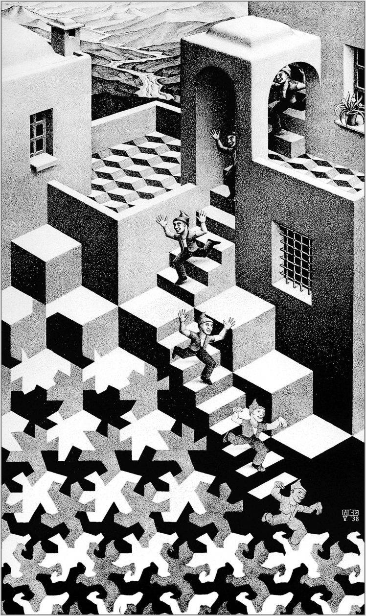 M. C. Escher, Artwork, Optical illusion, Monochrome, Portrait display, Lithograph, Stairs, Building, Cube HD Wallpaper Desktop Background