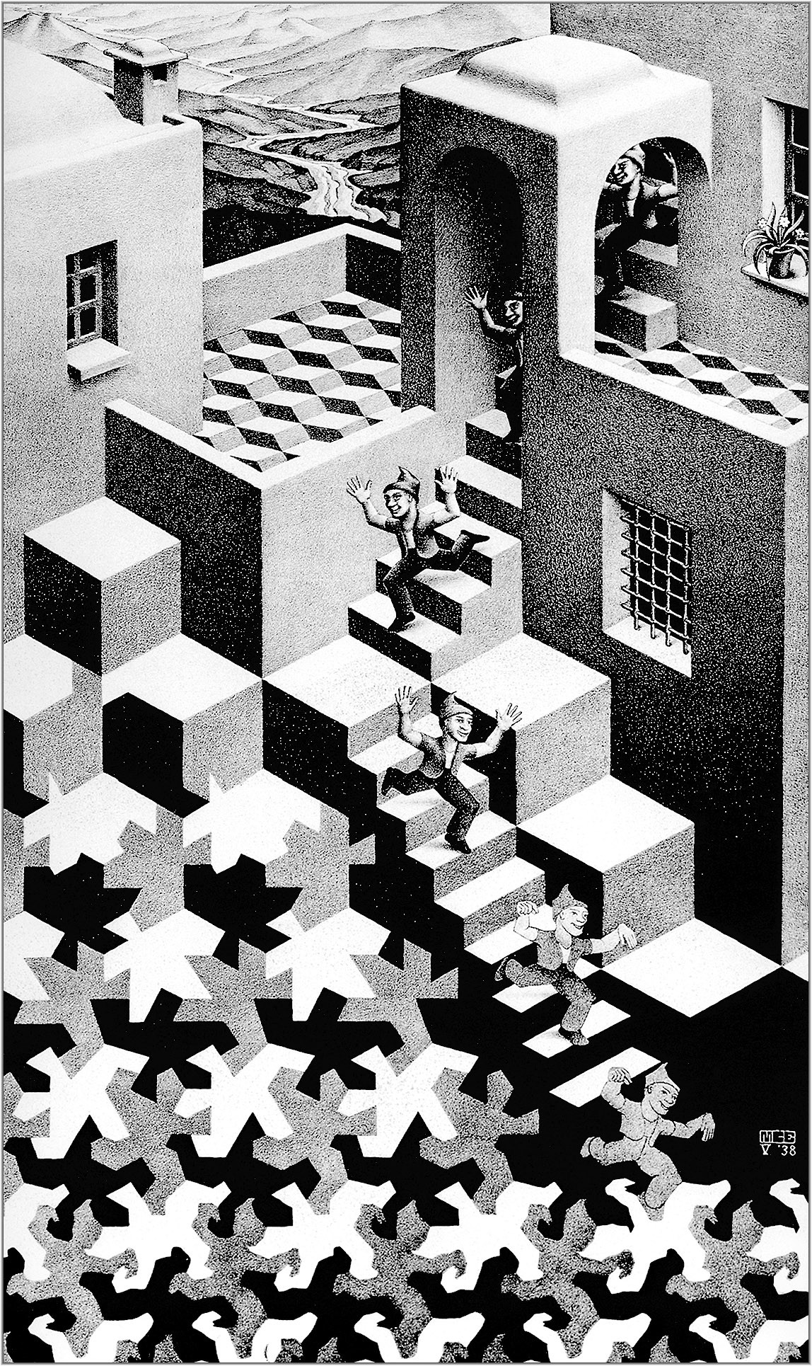 M. C. Escher, Artwork, Optical illusion, Monochrome, Portrait display, Lithograph, Stairs, Building, Cube Wallpaper