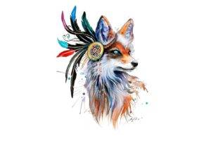 fox, Drawing, Feathers, Colorful, Simple background, Animals, Artwork