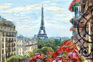 painting, France, Paris, Eiffel Tower, Building, Flowers, Drawing, Artwork