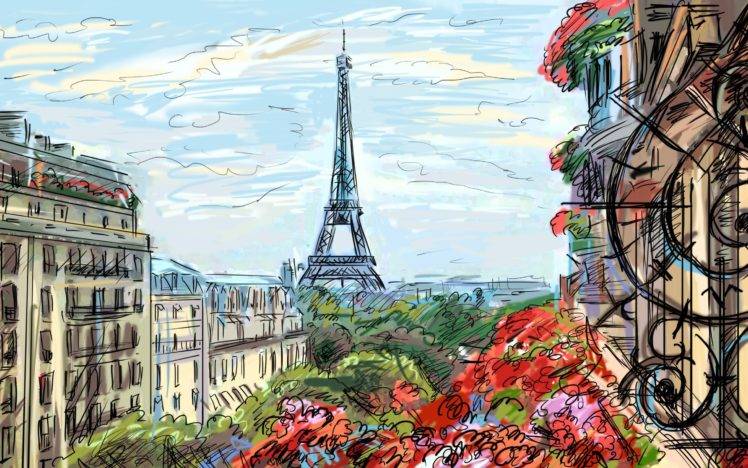 painting, France, Paris, Eiffel Tower, Building, Flowers, Drawing, Artwork HD Wallpaper Desktop Background