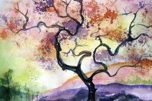 painting, Watercolor, Artwork, Warm colors, Nature, Landscape, Trees, Colorful, Hills, Cherry blossom