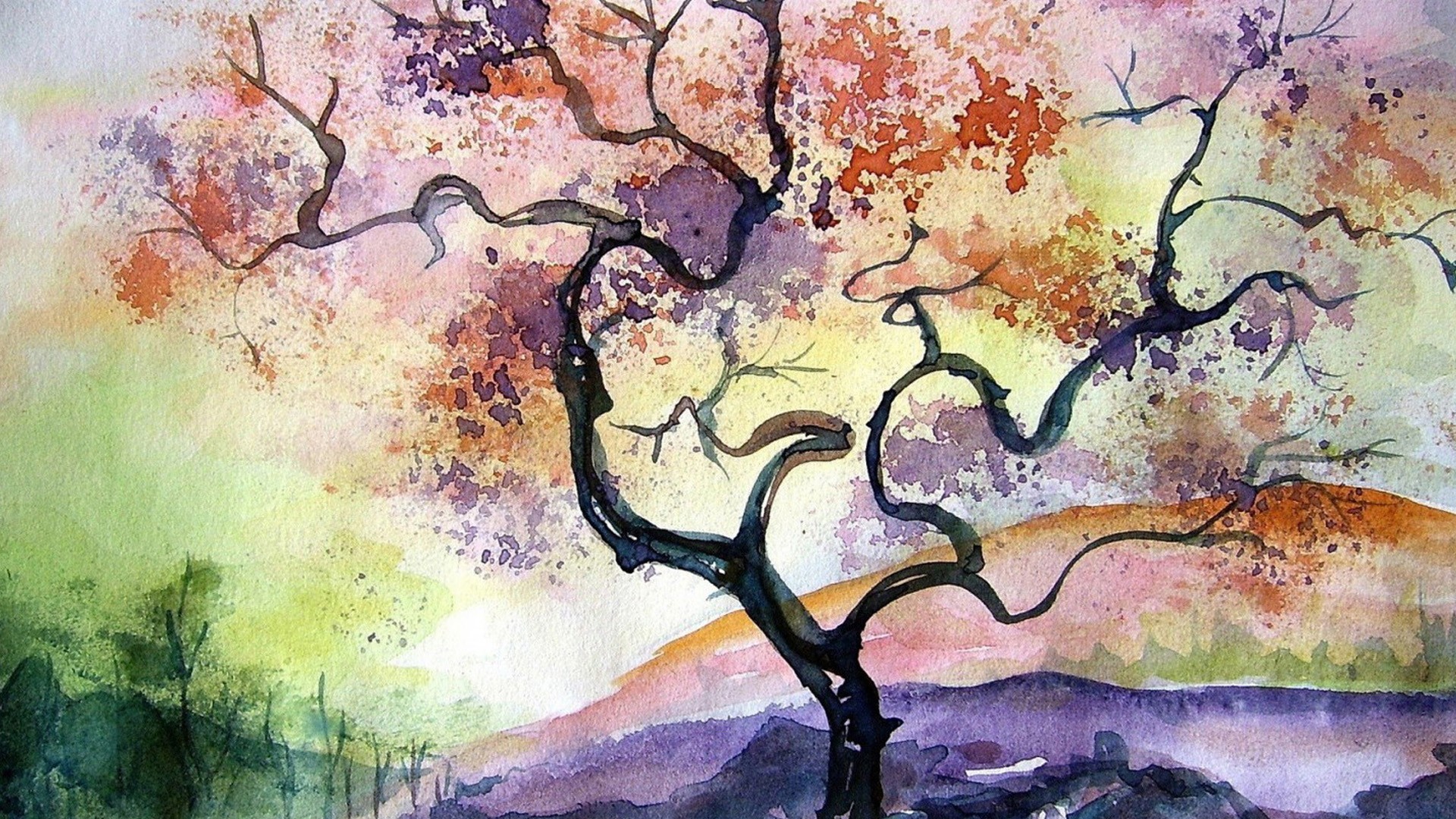 painting, Watercolor, Artwork, Warm colors, Nature, Landscape, Trees, Colorful, Hills, Cherry blossom Wallpaper