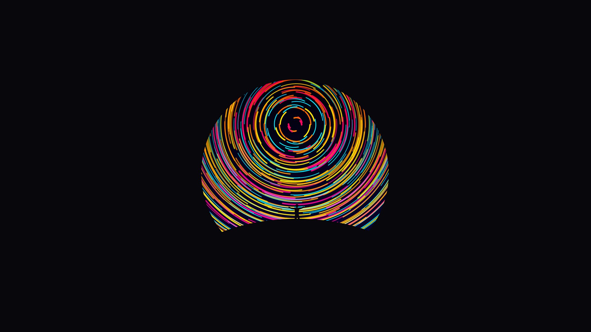 men, Digital art, Minimalism, Black background, Abstract, Circle, Colorful, Silhouette, Star trails Wallpaper