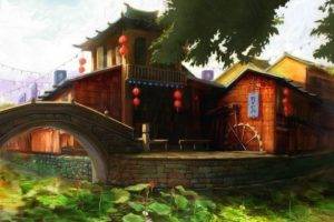 architecture, Building, Painting, Artwork, Asian architecture, House, Bridge, River, Trees, Leaves, Plants, Lantern, Village