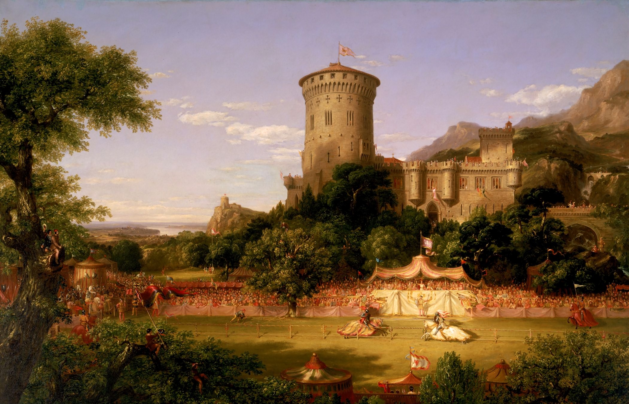 knight, Crowds, Thomas Cole, Architecture, Building, Painting, Artwork, Castle, Horse, Trees, Nature, Flag, Tower, Tent, Mountains Wallpaper