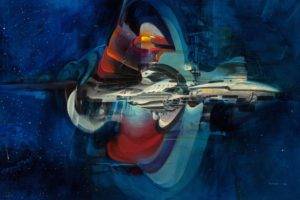John Berkey, Digital art, Spaceship, Space, Universe, Science fiction, Stars, Blue background, Painting, Artwork