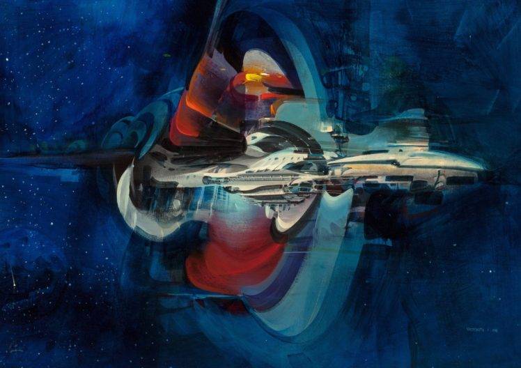 John Berkey, Digital art, Spaceship, Space, Universe, Science fiction, Stars, Blue background, Painting, Artwork HD Wallpaper Desktop Background