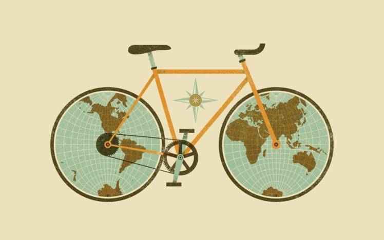 minimalism, Artwork, Bicycle, Globes, Simple background, World map HD Wallpaper Desktop Background