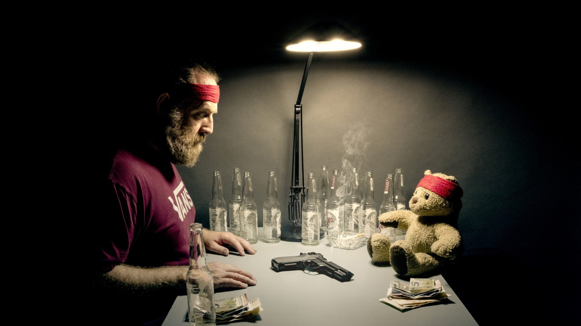 men, Digital art, Humor, Teddy bears, Gun, Russian roulette, The Deer Hunter, Parody, Bottles, Alcohol, Money, Headband, Lamp, Smoke Wallpaper