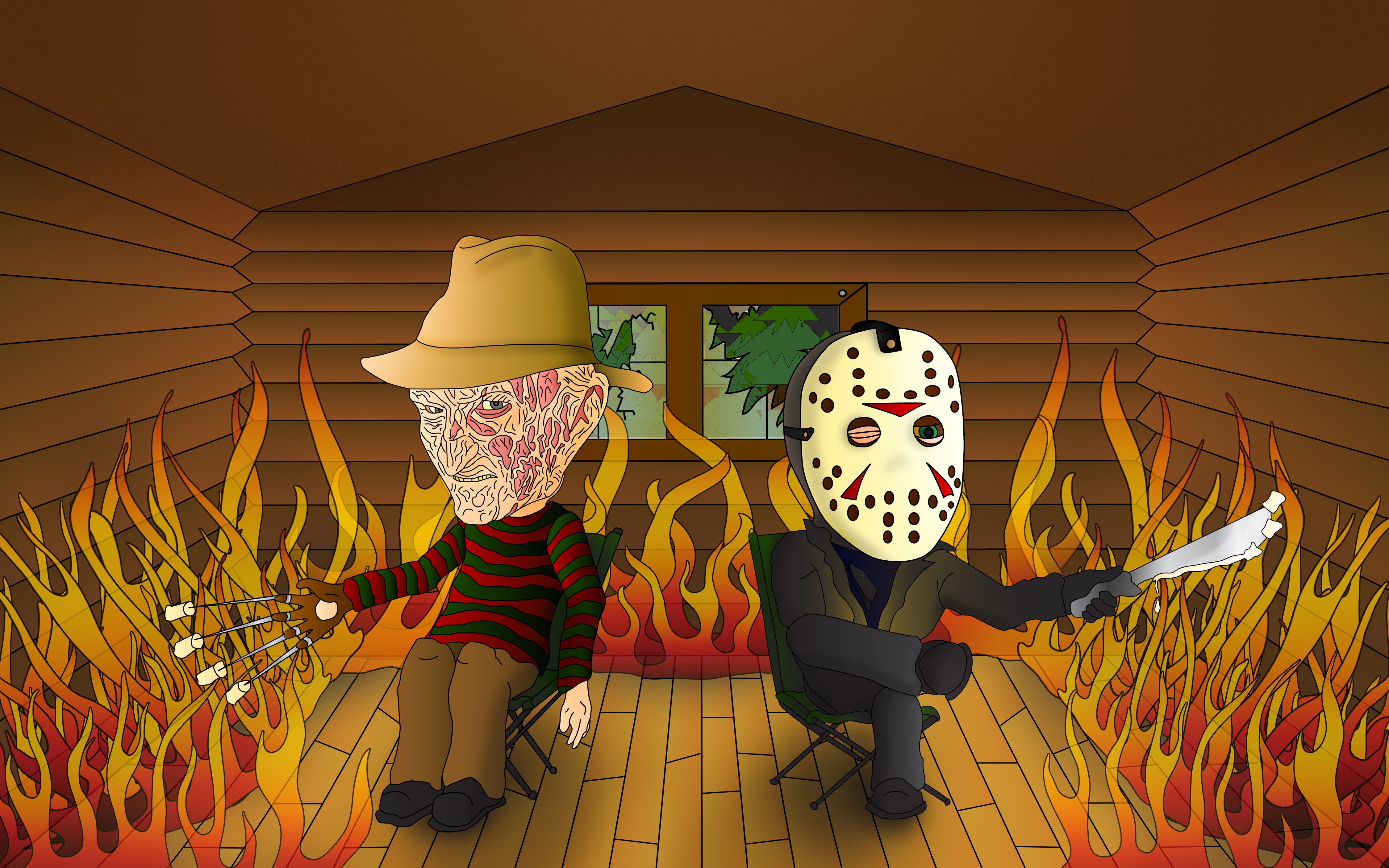 Jason Voorhees, Freddy Krueger, Artwork, Humor, Fire Wallpapers HD