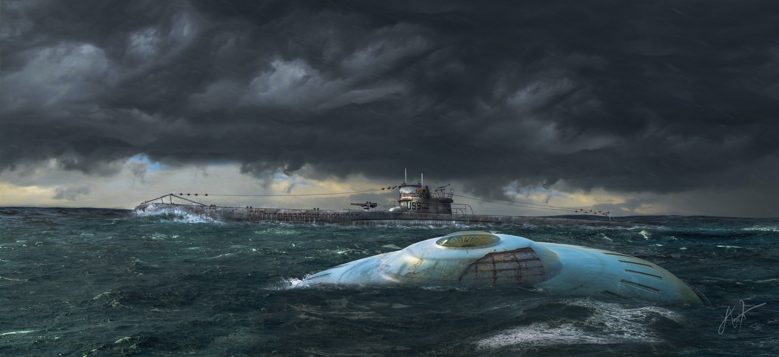 artwork, UFO, Submarine Wallpaper