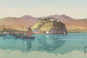 Yoshida Hiroshi, Japanese, Artwork, Painting, Mountains, Water, Boat