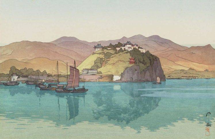 Yoshida Hiroshi, Japanese, Artwork, Painting, Mountains, Water, Boat HD Wallpaper Desktop Background