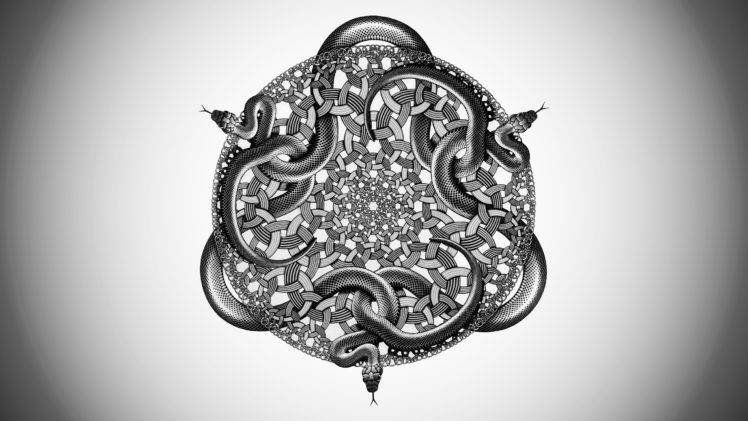 M. C. Escher, Snake, Abstract, Artwork, Monochrome, Drawing, Circle, Symmetry, Occult HD Wallpaper Desktop Background