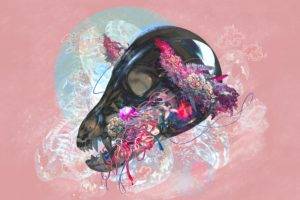 digital art, Colorful, Skull, Pink flowers, Pink background, Simple background