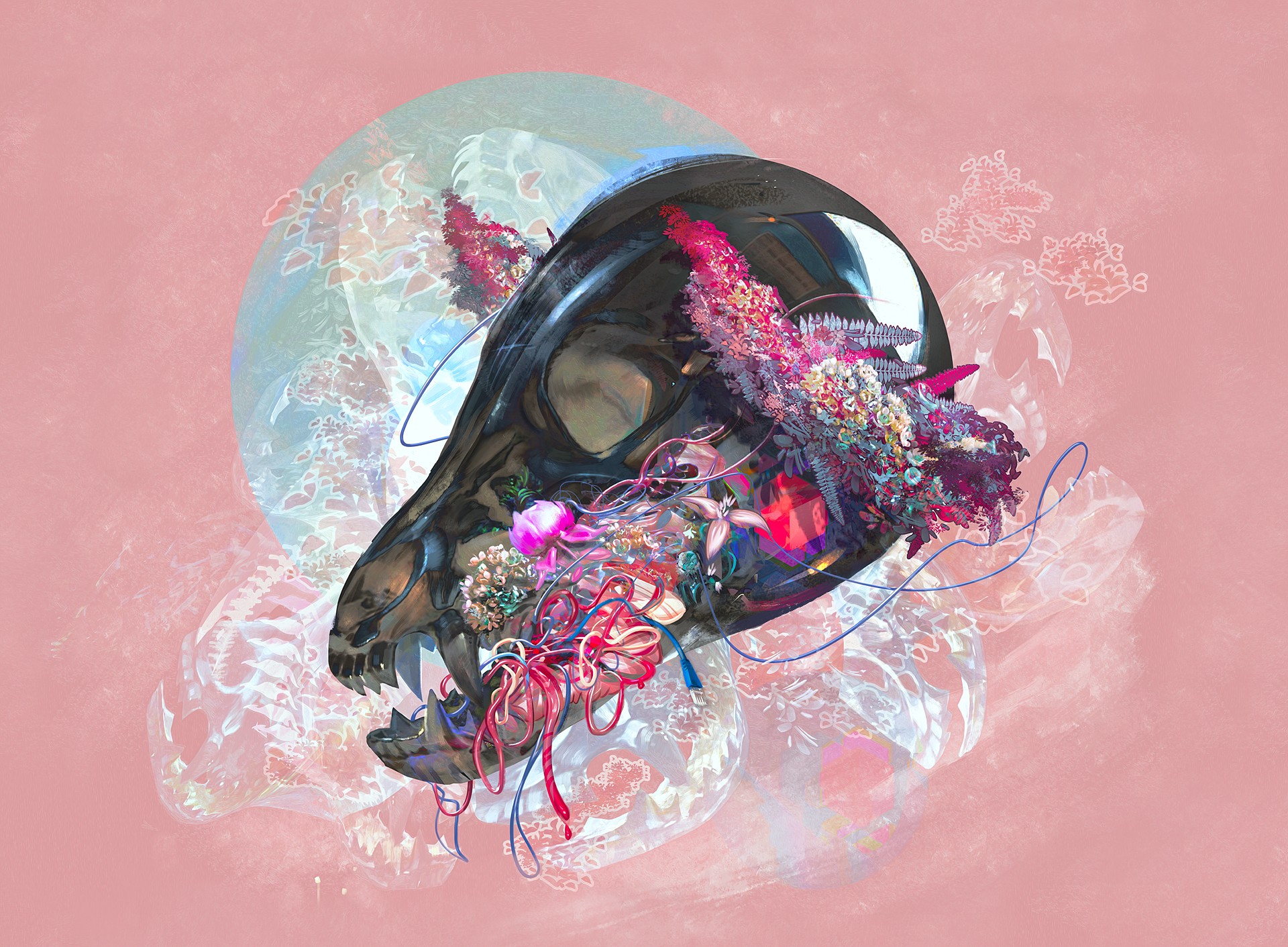 digital art, Colorful, Skull, Pink flowers, Pink background, Simple background Wallpaper