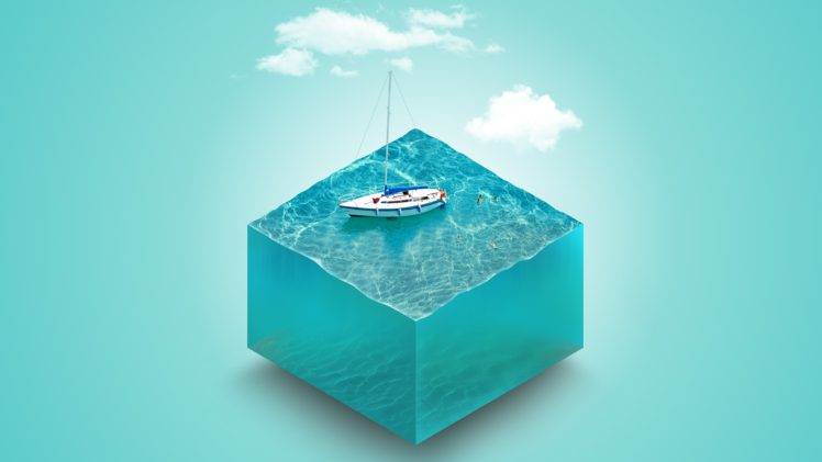 digital art, Water, Boat, Simple background, 3d object, Cube, Yachts HD Wallpaper Desktop Background