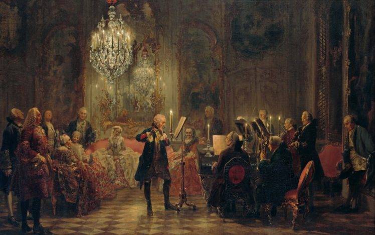 painting, Artwork, Prussia, Concerts, King, Oil painting, Classic art, Chandeliers, Musicians, Flute, Piano, Candles HD Wallpaper Desktop Background
