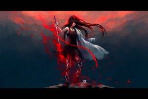 blood, Sword, NanFe, Artwork, Long hair