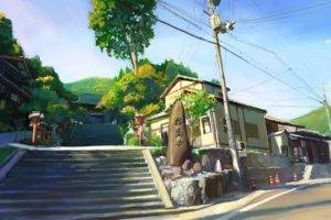 artwork, Stairs, Power lines, Trees, Traffic cone, Painting, Japan, Utility pole