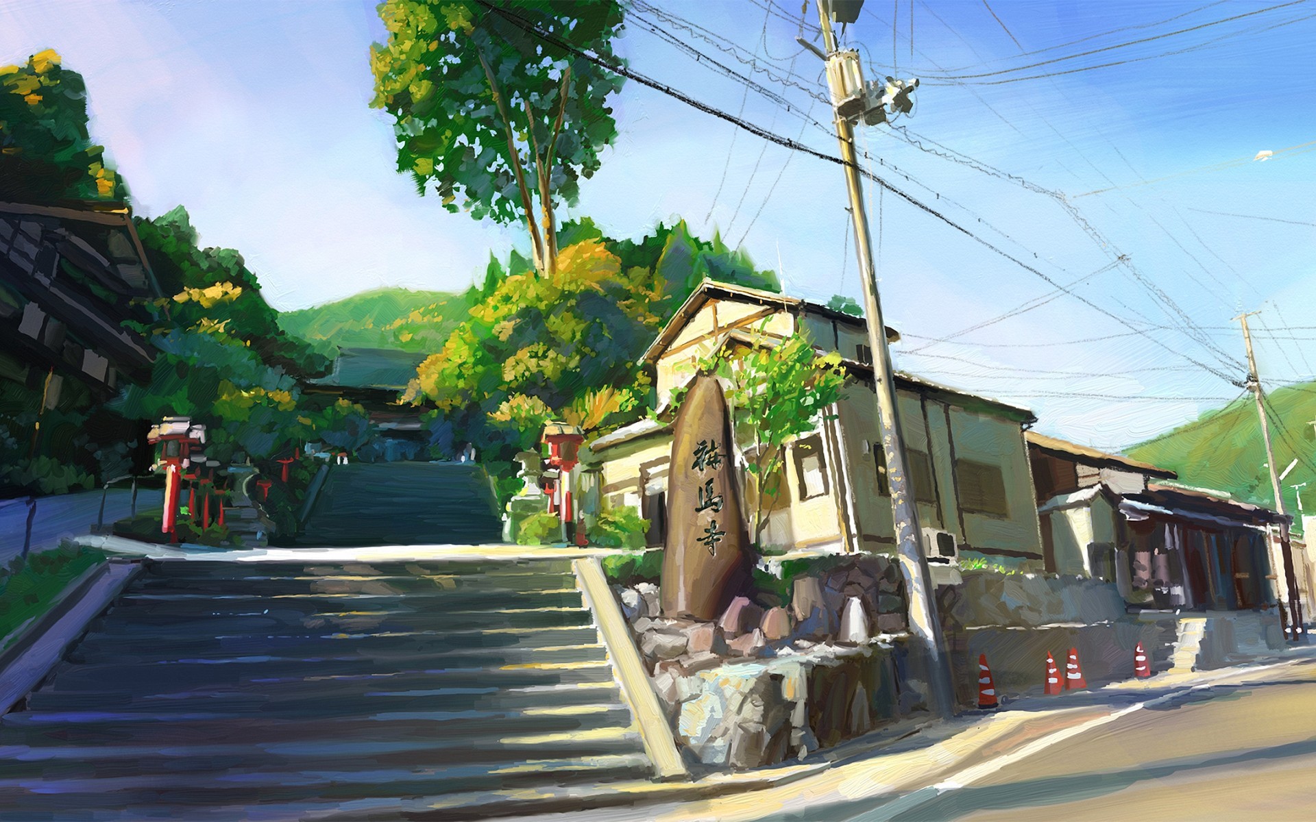 artwork, Stairs, Power lines, Trees, Traffic cone, Painting, Japan, Utility pole Wallpaper