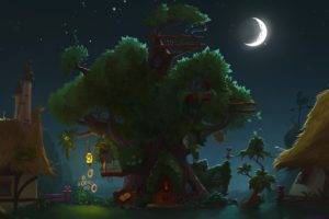 artwork, House, Treehouses, Moon, Night