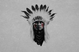 Native Americans, Headdress, Selective coloring, Simple background, Feathers, Artwork