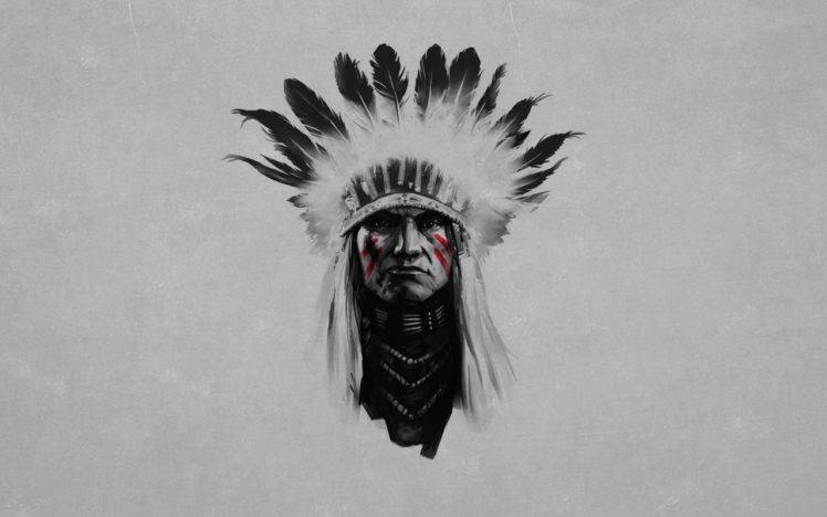 Native Americans, Headdress, Selective coloring, Simple background, Feathers, Artwork HD Wallpaper Desktop Background