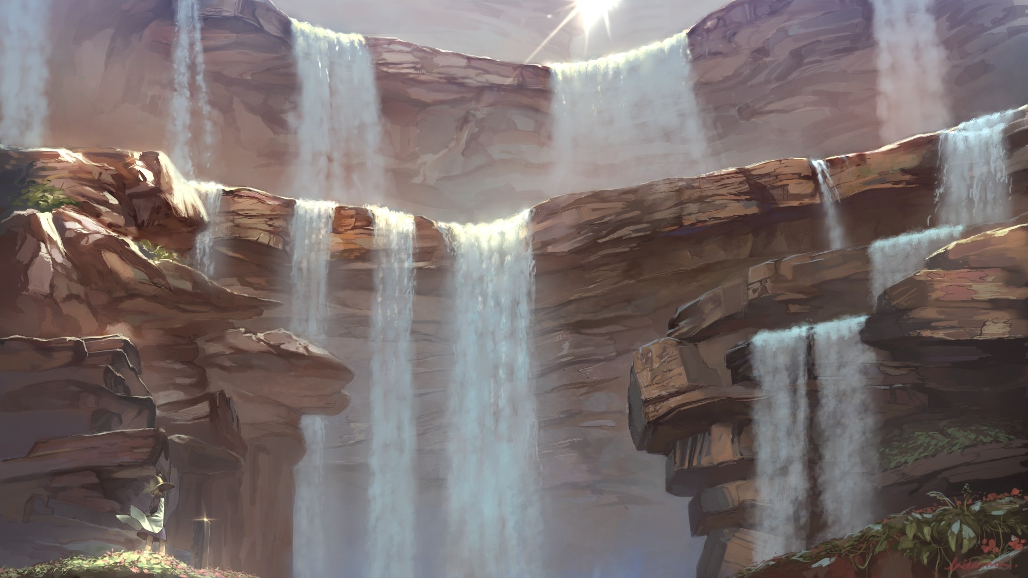 water, Waterfall, Rock, Artwork Wallpaper
