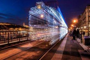 cityscape, Long exposure, Train, Lights, Artwork, Light trails, Budapest