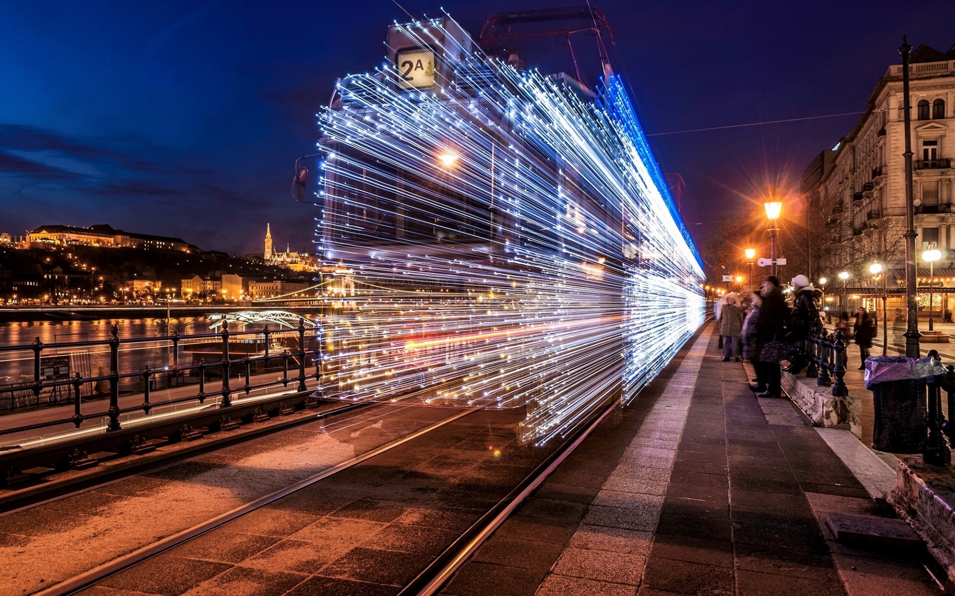 cityscape, Long exposure, Train, Lights, Artwork, Light trails, Budapest Wallpaper