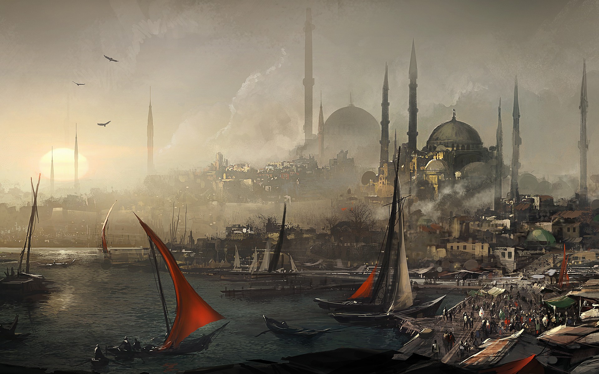mosques, Istanbul, Turkey, Assassins Creed: Revelations, Haliç, Artwork Wallpaper