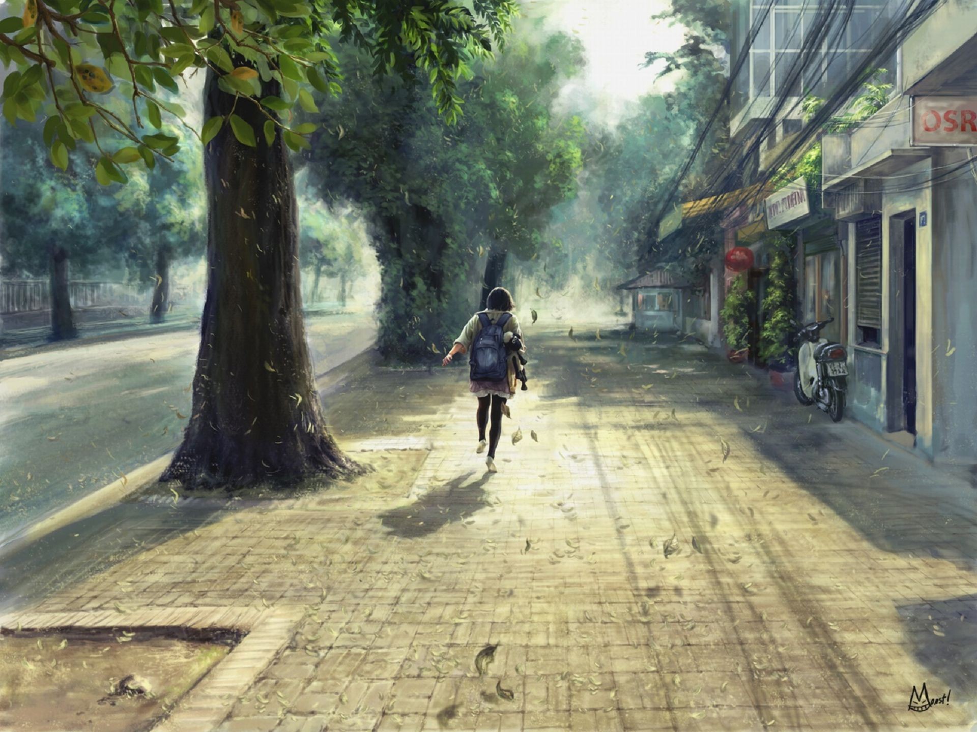 artwork, Fall, Trees, Schoolgirls, Pavements Wallpaper