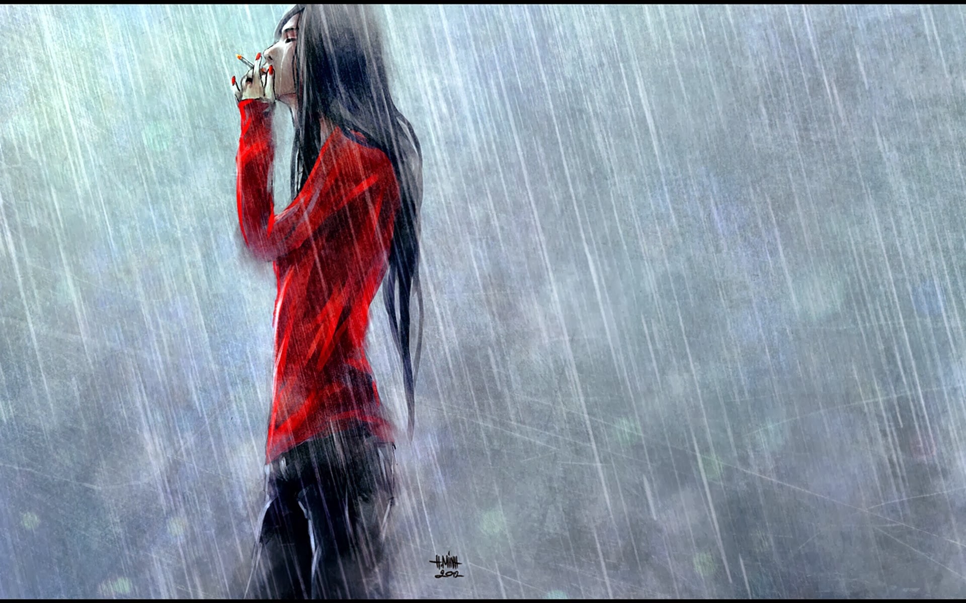 artwork, Rain, Long hair, Smoking, NanFe, Red tops Wallpaper
