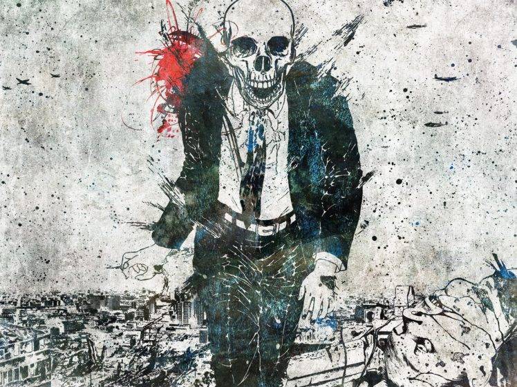 skull, Alex Cherry, Paint splatter, Suits, Artwork HD Wallpaper Desktop Background