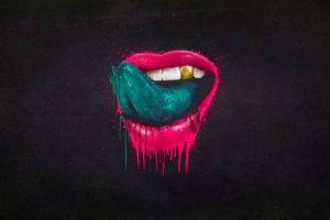 lips, Tongues, Teeth, Paint splatter, Dark background, Artwork