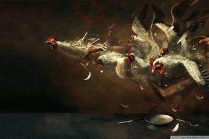 painting, Artwork, Birds, Chickens, Flying, Feathers, Plates, Knife