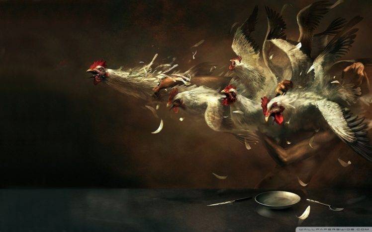 painting, Artwork, Birds, Chickens, Flying, Feathers, Plates, Knife HD Wallpaper Desktop Background