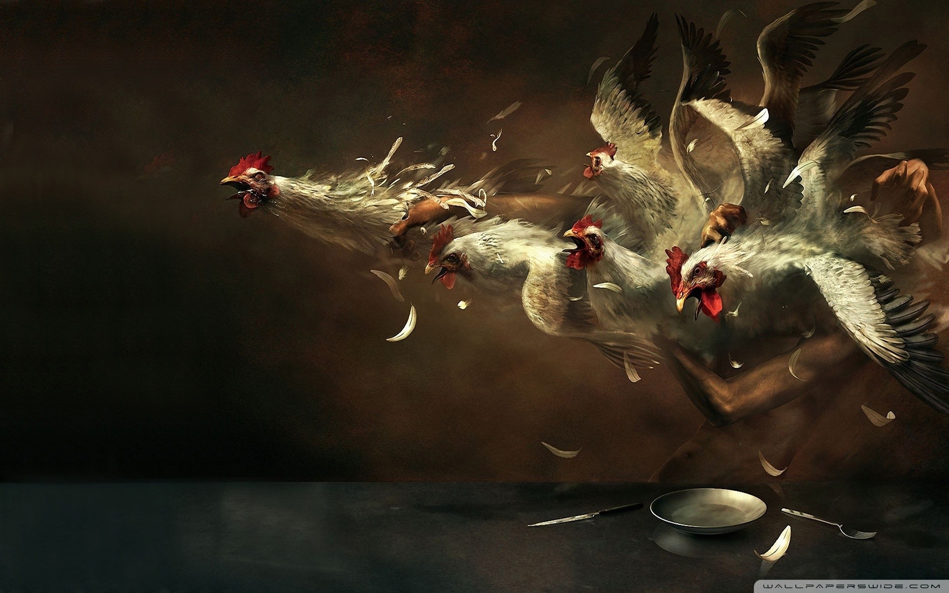 painting, Artwork, Birds, Chickens, Flying, Feathers, Plates, Knife Wallpaper