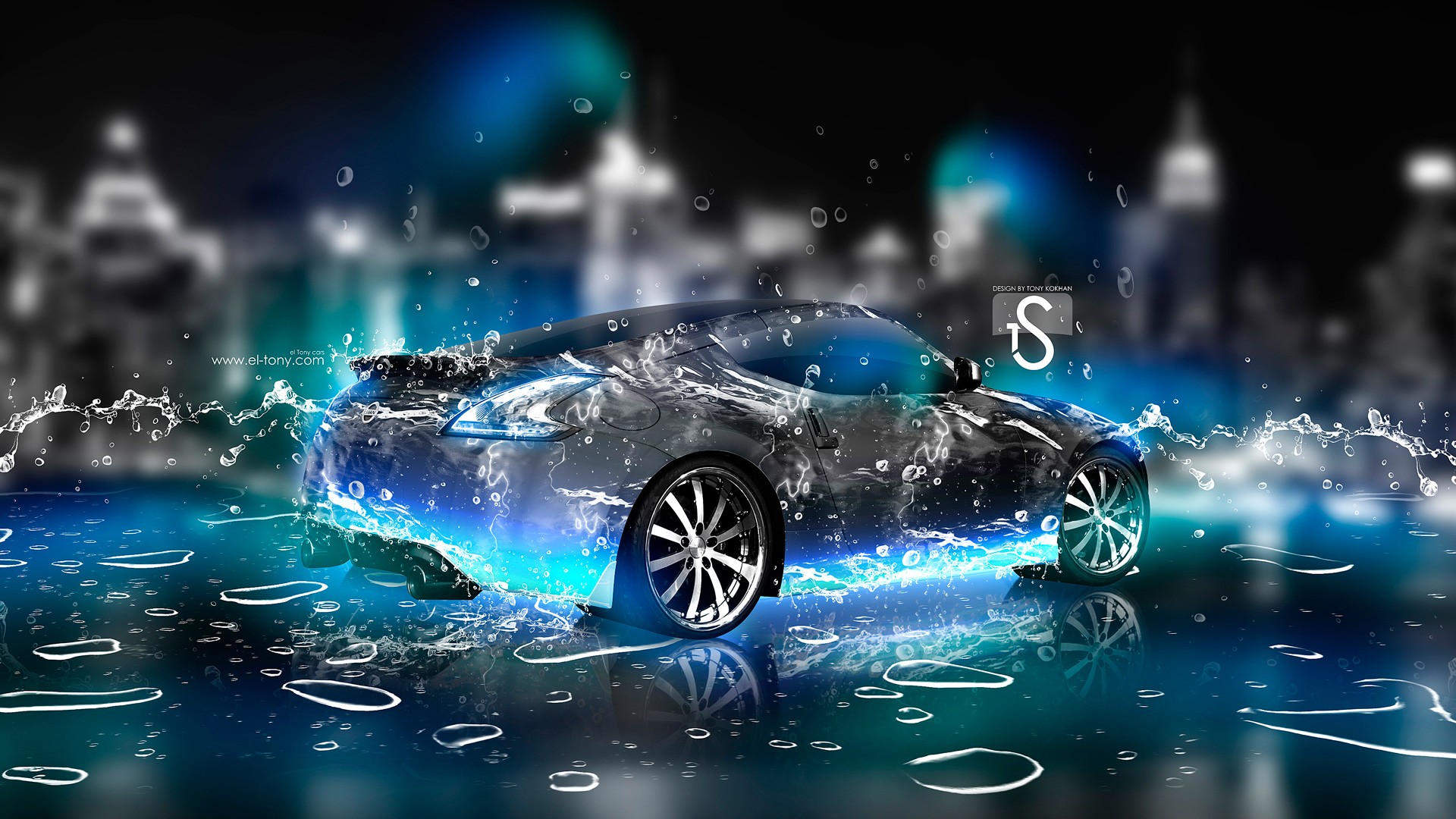 car, Water drops, City, Nissan, Blue, Neon, Water Wallpaper