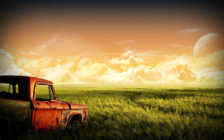 photo manipulation, Car, Field, Sunset HD Wallpaper Desktop Background