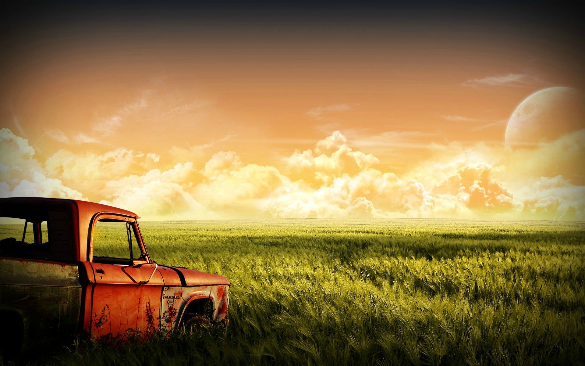 photo manipulation, Car, Field, Sunset Wallpapers HD / Desktop and
