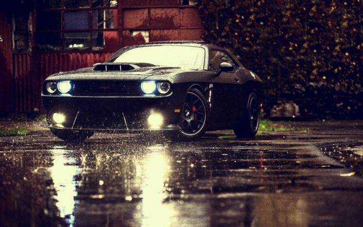 Dodge Challenger, Car, Rain, Puddle, Lights HD Wallpaper Desktop Background